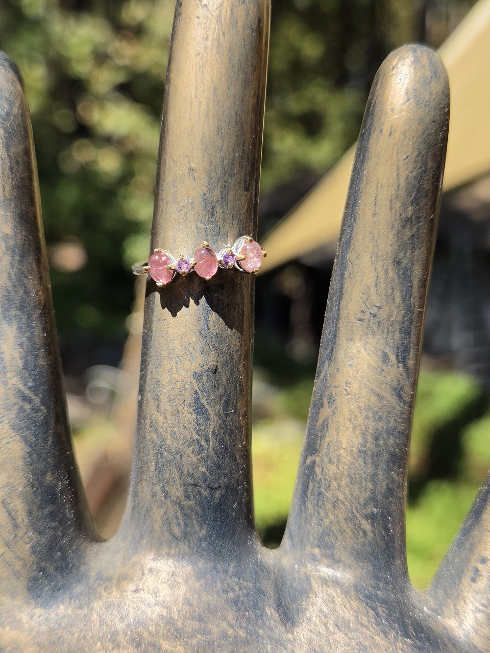 Rasperry Tourmaline & Amethyst Sterling & Gold Ring Sz6